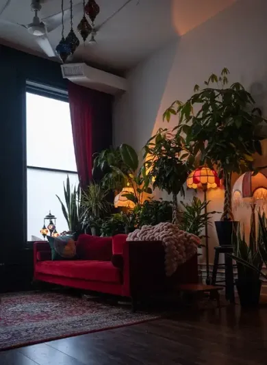 Warm therapy room with a red couch, layered plants, soft lighting, and a peaceful setting.