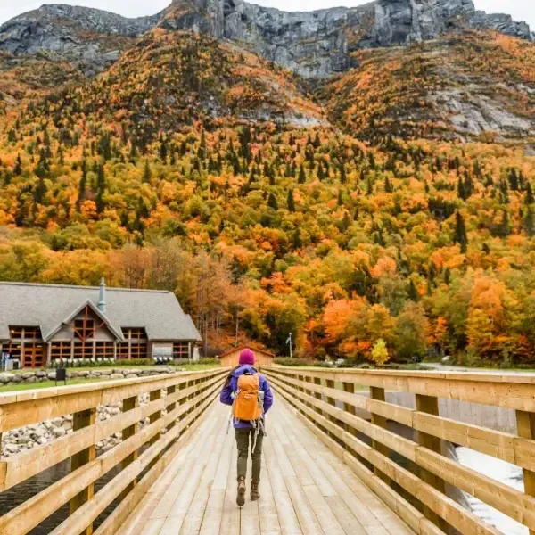 Mountain valley with autumn trees and a cabin
